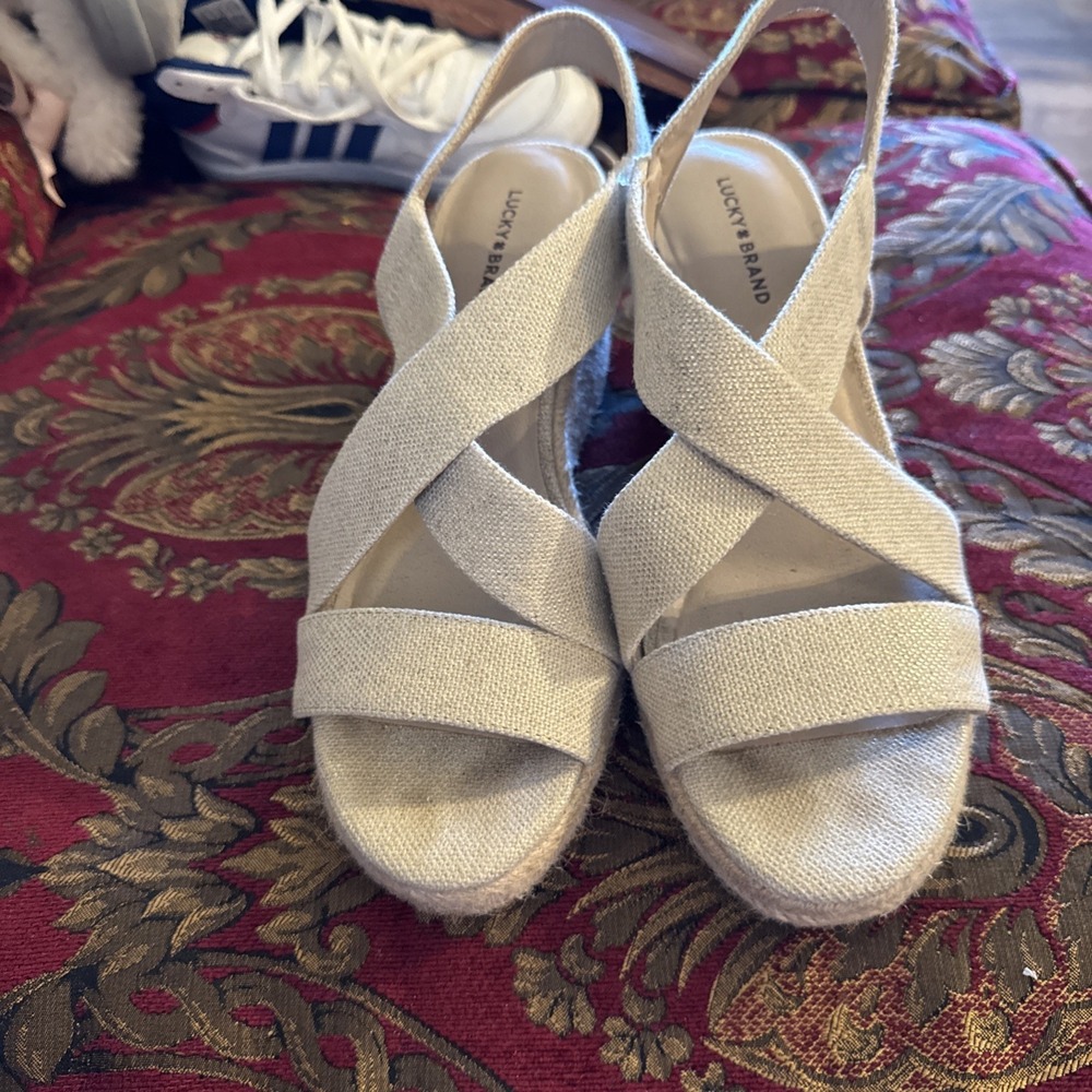 LUCKY BRAND Womens White Mendona Round Toe Wedge Leather Espadrille Shoes 10 M - Picture 1 of 7